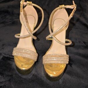 Gold Strappy Rhinestone Embellished Platform Sandals - Women